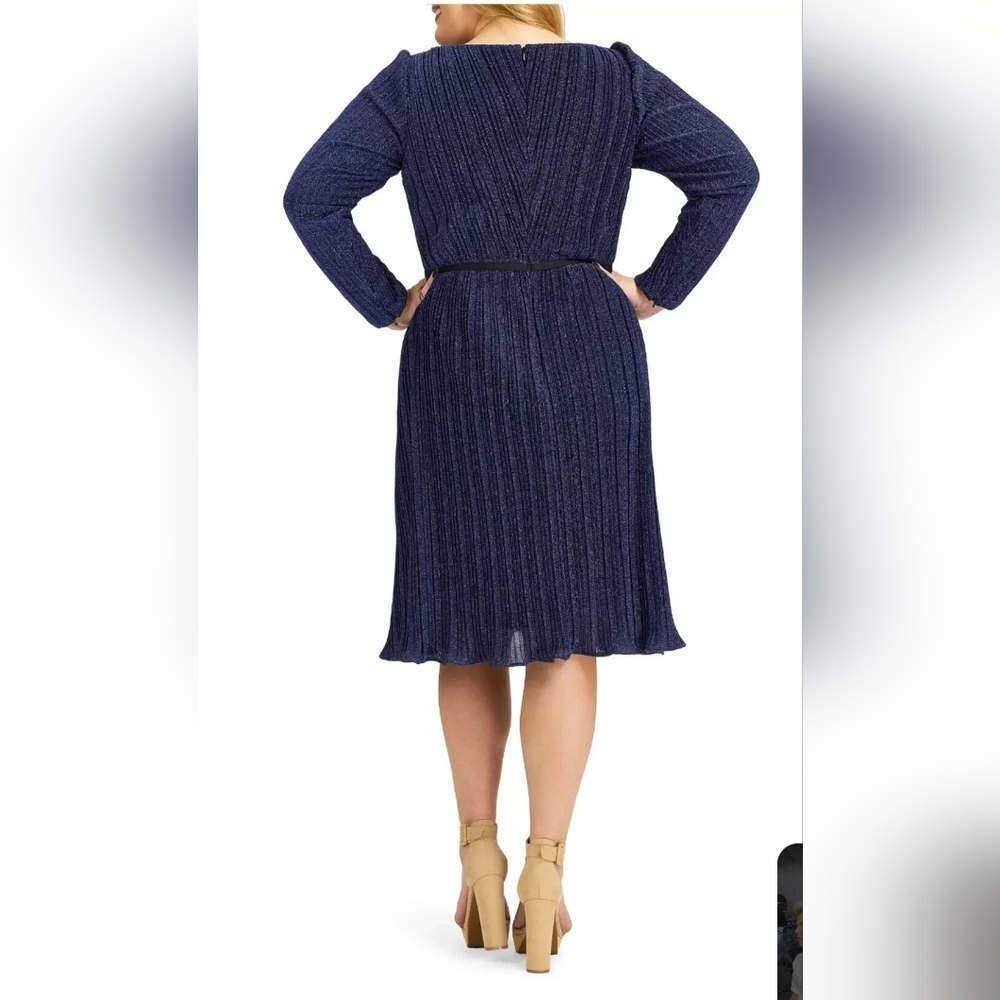 Mac Duggal Navy Metallic Ribbed Long Sleeve Midi Dress